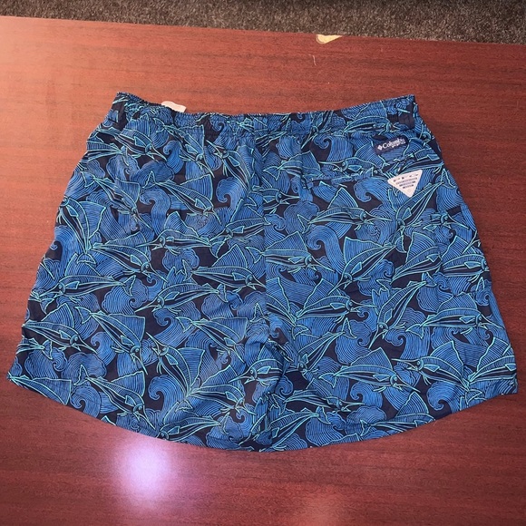 Columbia Navy and Teal fish print swim trunks - Picture 3 of 4